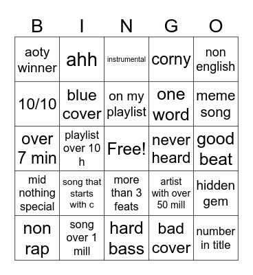song Bingo Card