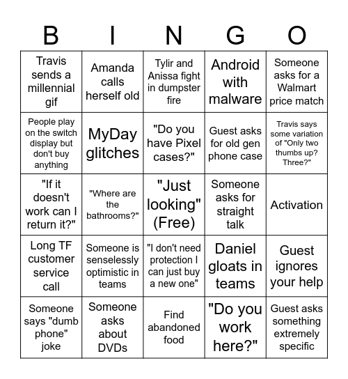 Tech Rep Bingo Card