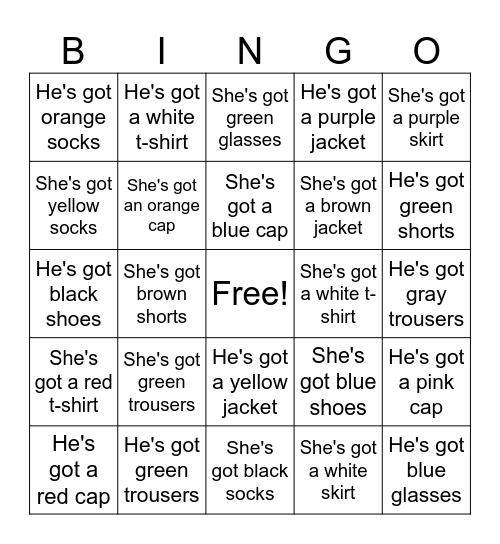 Clothing Bingo Card
