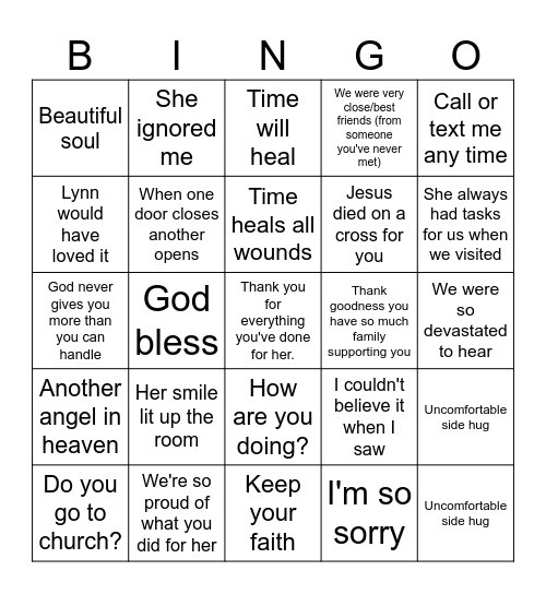 Funeral Bingo Card