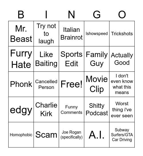 youtube shorts Bingo Card