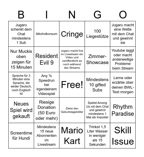 Jugaru Geburtstags-Bingo (1.3.2026) Bingo Card
