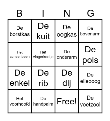 Delen van het lichaam Bingo Card