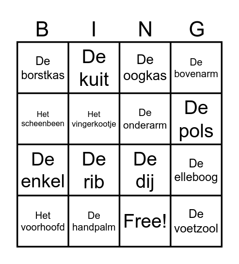 Delen van het lichaam Bingo Card
