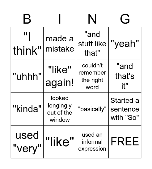 Filler words in speaking Bingo Card