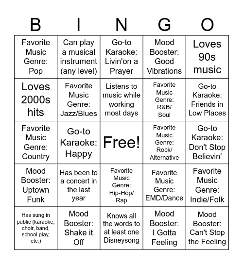 Get to Know your Fellow Kruzers - Music Edition Bingo Card