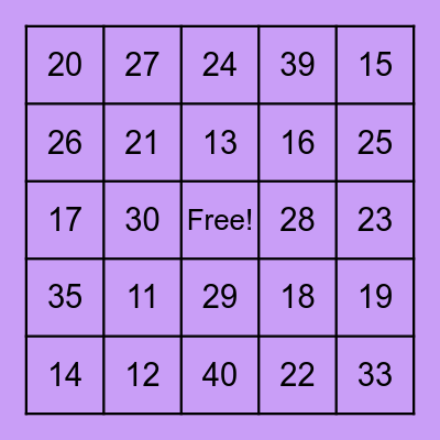 Addition Bingo Card