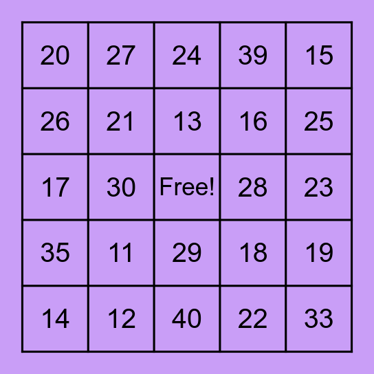 Addition Bingo Card