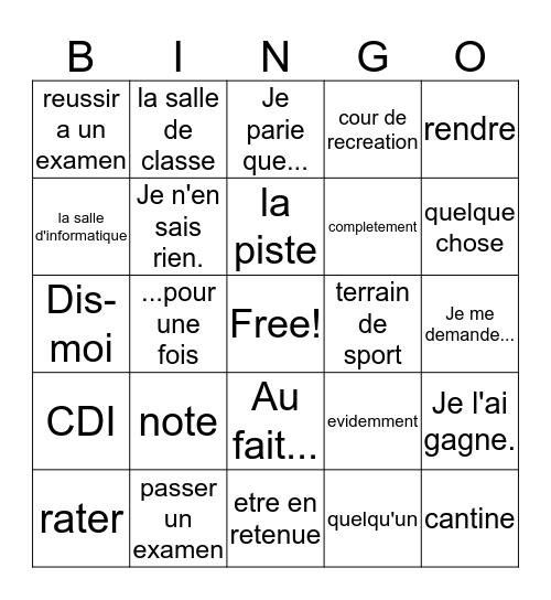 French 2, Chap. 4, Vocab. 1 Bingo Card