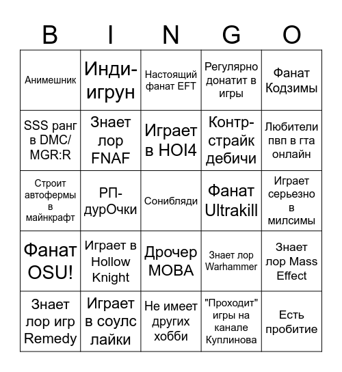 Вонючее бинго Bingo Card