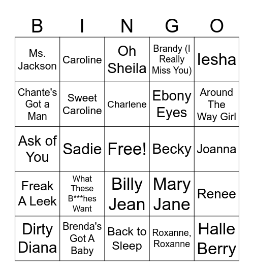 Song's With A Woman's Name In It Bingo Card