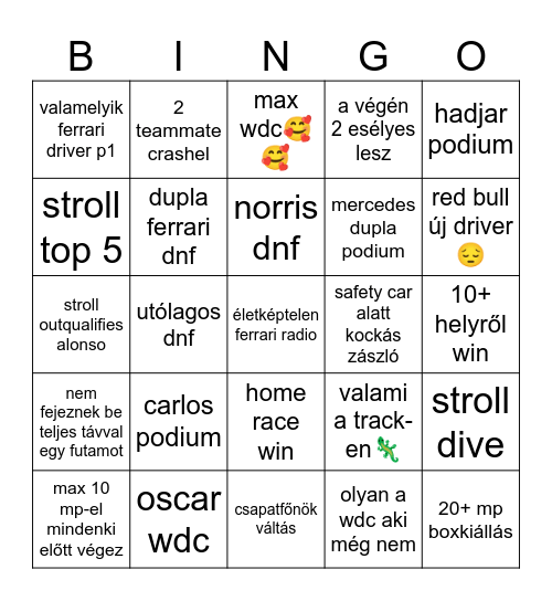 F1 Bingó Bingo Card