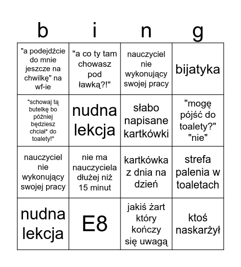 school bingo Card