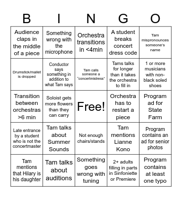 CYSO Concert Bingo Card