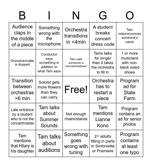 CYSO Concert Bingo Card