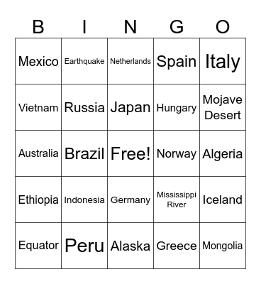 Around The World Geography 25 - 26 Bingo Card