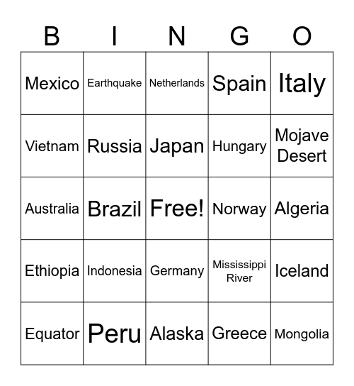 Around The World Geography 25 - 26 Bingo Card