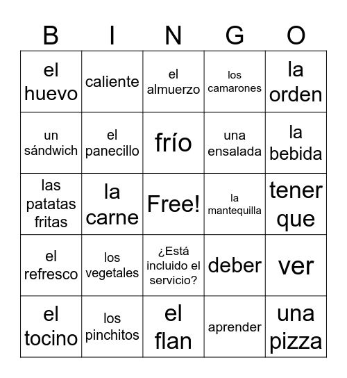 La comida Bingo Card
