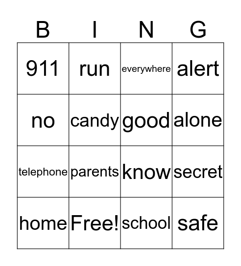 stranger safety Bingo Card