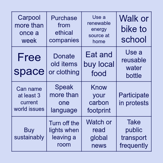 Global Citizenship & Sustainability Bingo Card