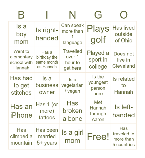 Mingle Bingo Card