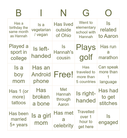 Mingle Bingo Card