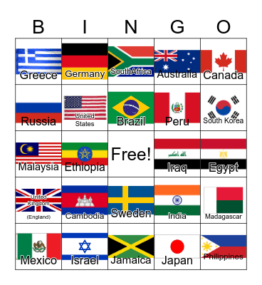 Countries Bingo Card