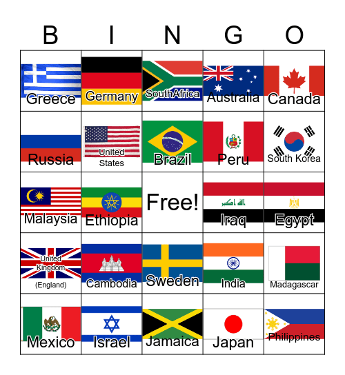 Countries Bingo Card