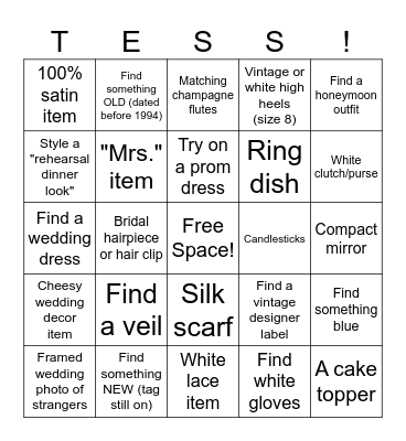 Bride Thrifting Bingo Card