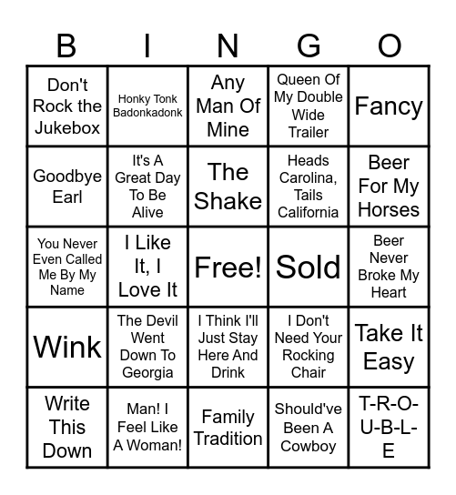 Country Mix Bingo Card