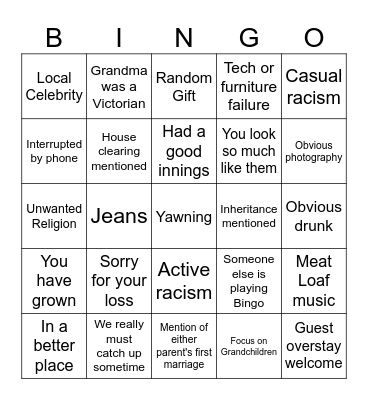 Mum's Funeral Bingo Card