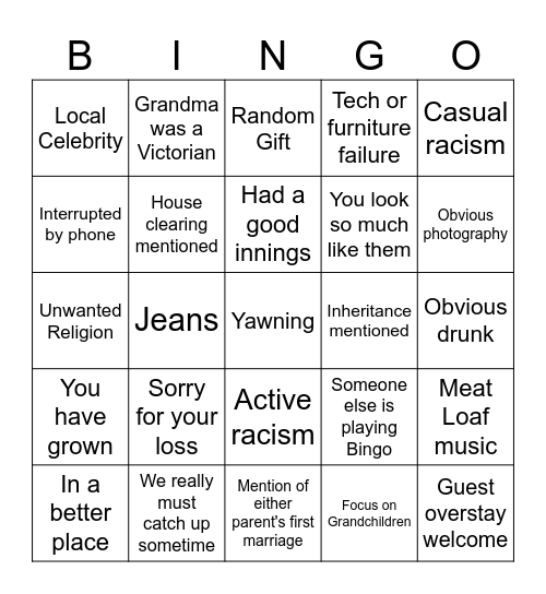 Mum's Funeral Bingo Card