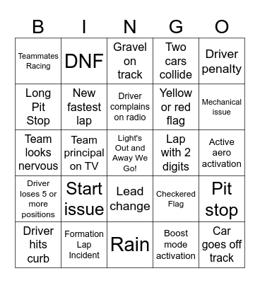 Kid's Racing Bingo Card