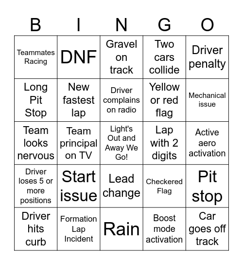 Kid's Racing Bingo Card