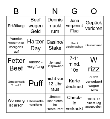 Japan Trip Bingo Card