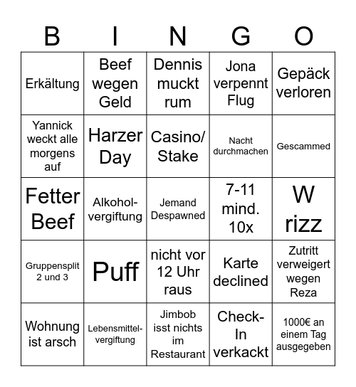 Japan Trip Bingo Card