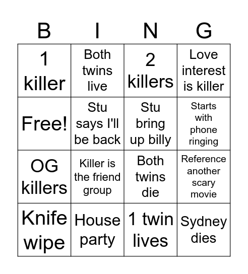 Scream Bingo Card