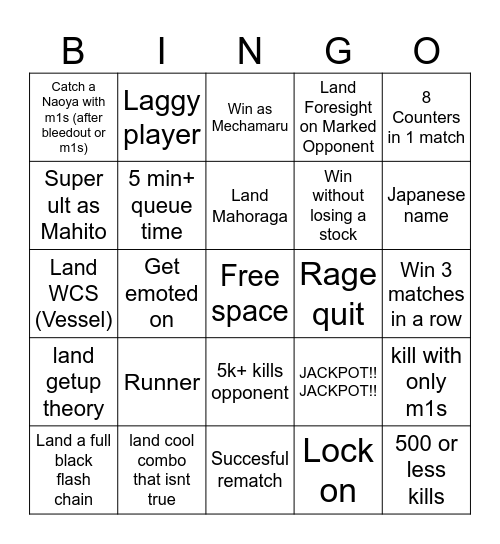 Jujutsu Shenanigans Duels Bingo Card