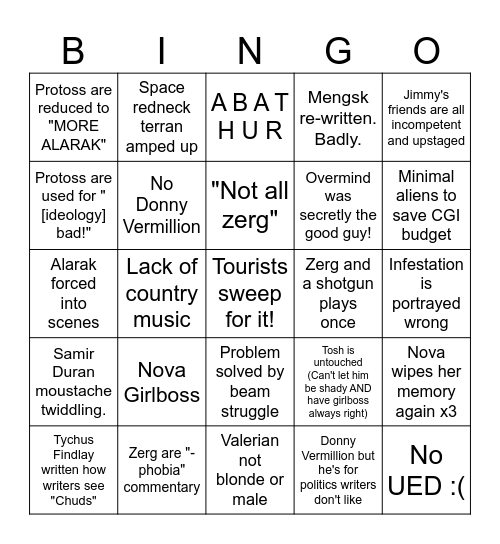 Starcraft show suicide card Bingo Card