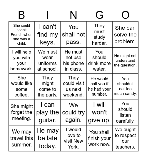 Modal Verbs Bingo Card