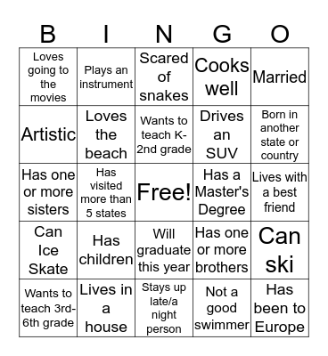 Getting to Know You Bingo Card