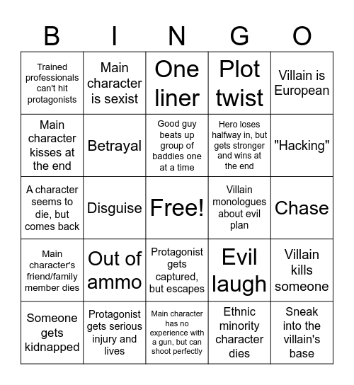 Action Movie Bingo Card