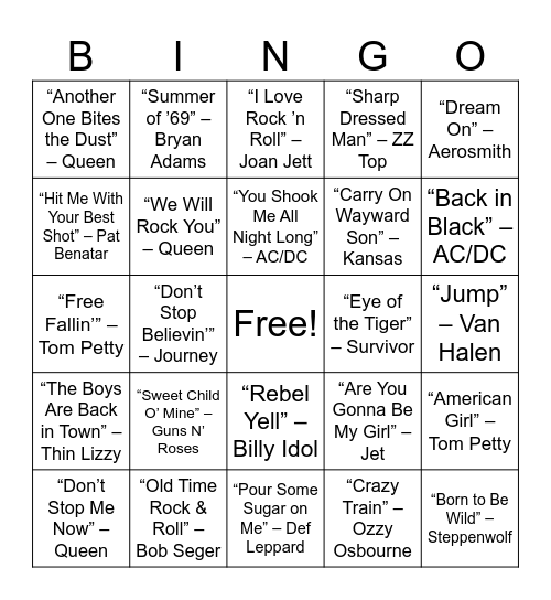ROUND 2: Rock Legends & Air Guitar Heroes Bingo Card