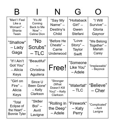 ROUND 3: Divas, Power Ballads & Belt-It-Out Moments Bingo Card