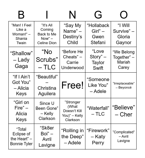 ROUND 3: Divas, Power Ballads & Belt-It-Out Moments Bingo Card
