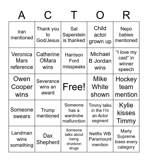 SAG Awards Bingo Card