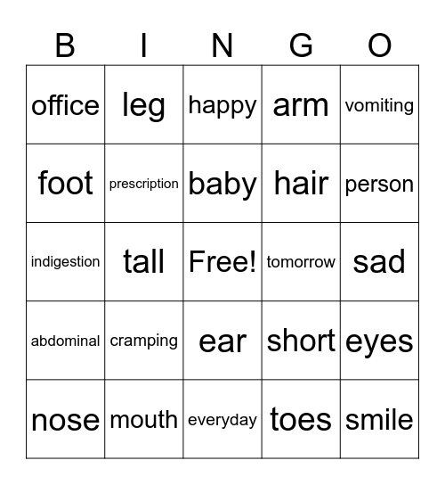 Doctor's Visit Bingo Card