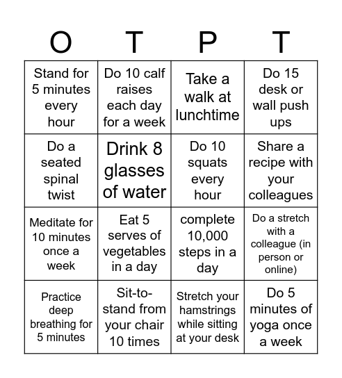 Workplace Health & Wellbeing Bingo Card