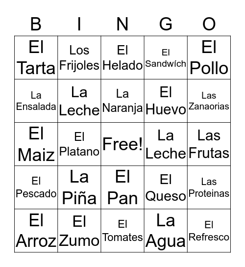 La Camida Espanõl  Bingo Card