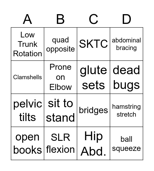 Low Back HEP Bingo Card